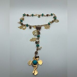 YN Agate Turquoise Pearl Real Gemstone Gold Tone Necklace 16” + 8” Drop